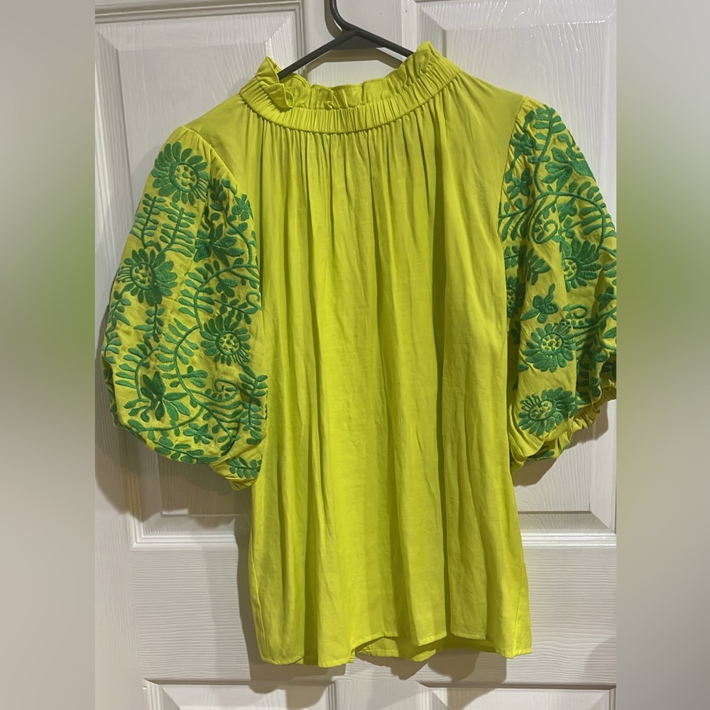 THML Lime Green Blouse with Teal Embroidery